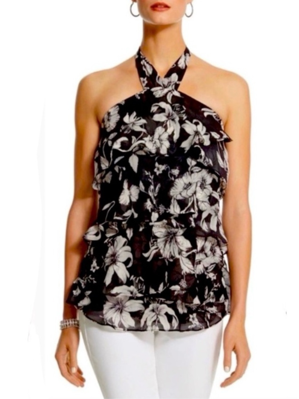 WHBM Midnight Blooms Black White Floral Tiered Tie Neck Halter Top XS $78 EUC